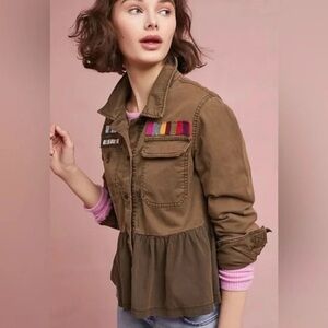 NWOT Anthropologie Women's Olive Brown  Jacket with Colorful Accents